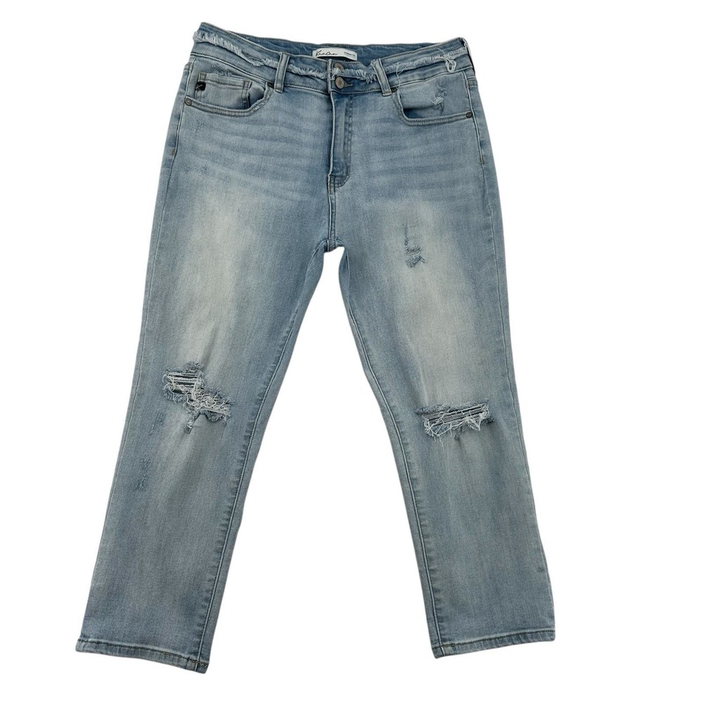 Kancan Womens Size 31 Jeans Light Wash Distressed Frayed Cropped Straight Leg